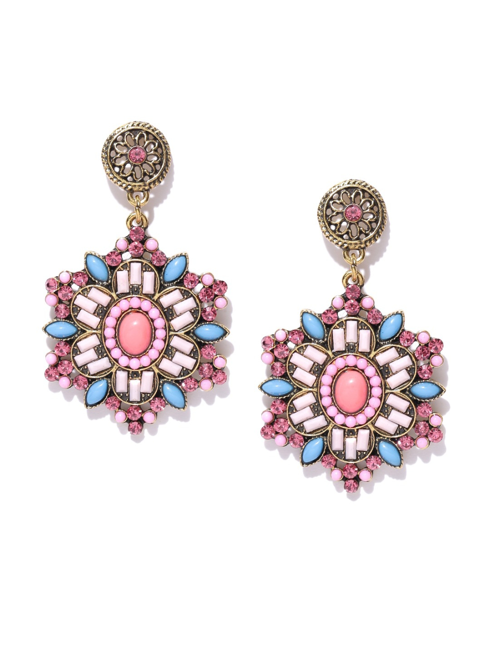 YouBella Pink Gold-Plated Contemporary Stone-Studded Drop Earrings