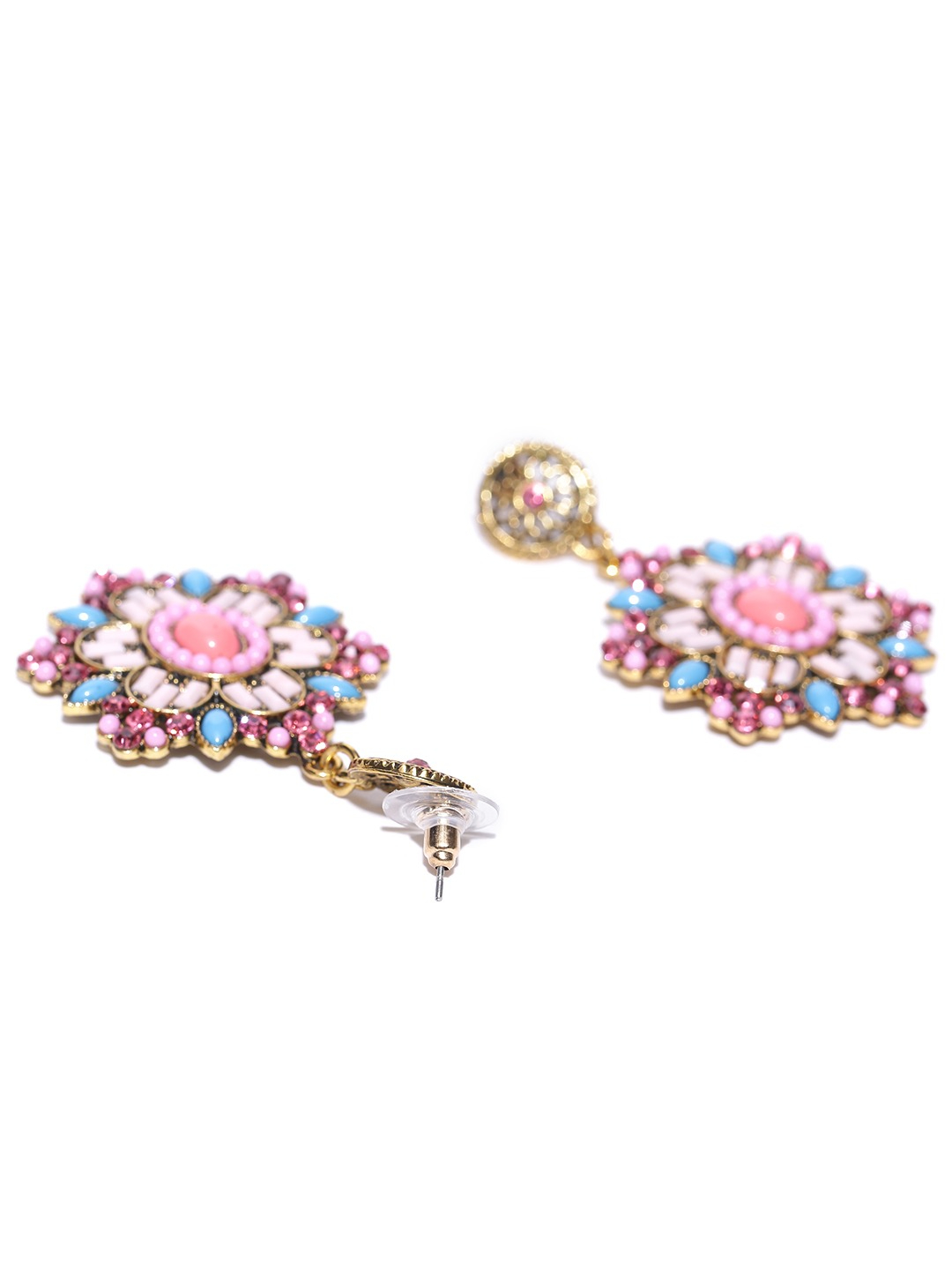 YouBella Pink Gold-Plated Contemporary Stone-Studded Drop Earrings