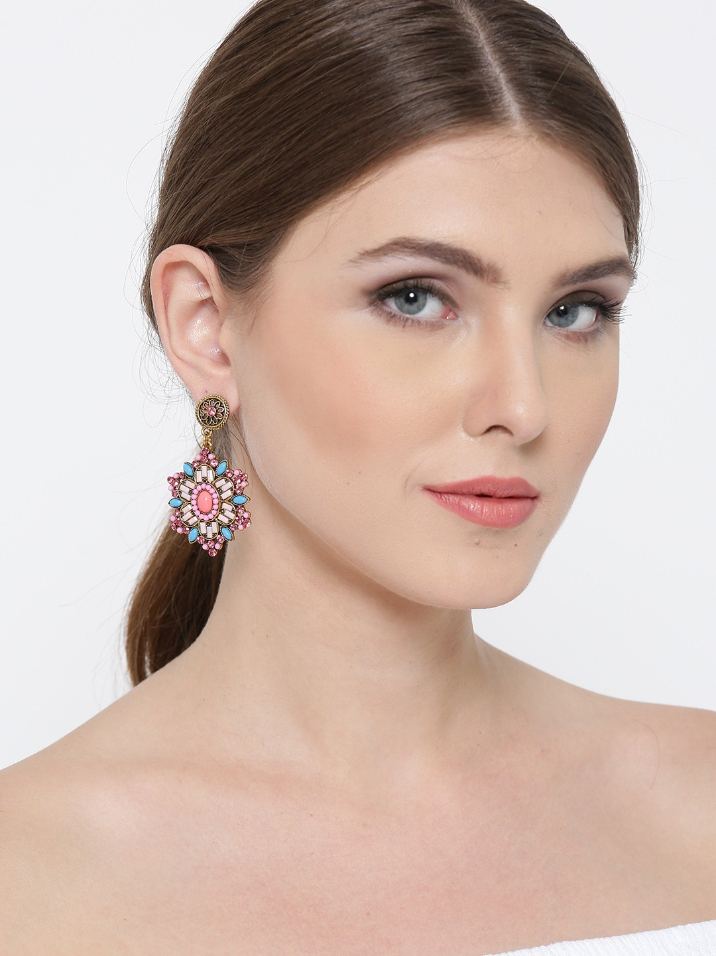 YouBella Pink Gold-Plated Contemporary Stone-Studded Drop Earrings