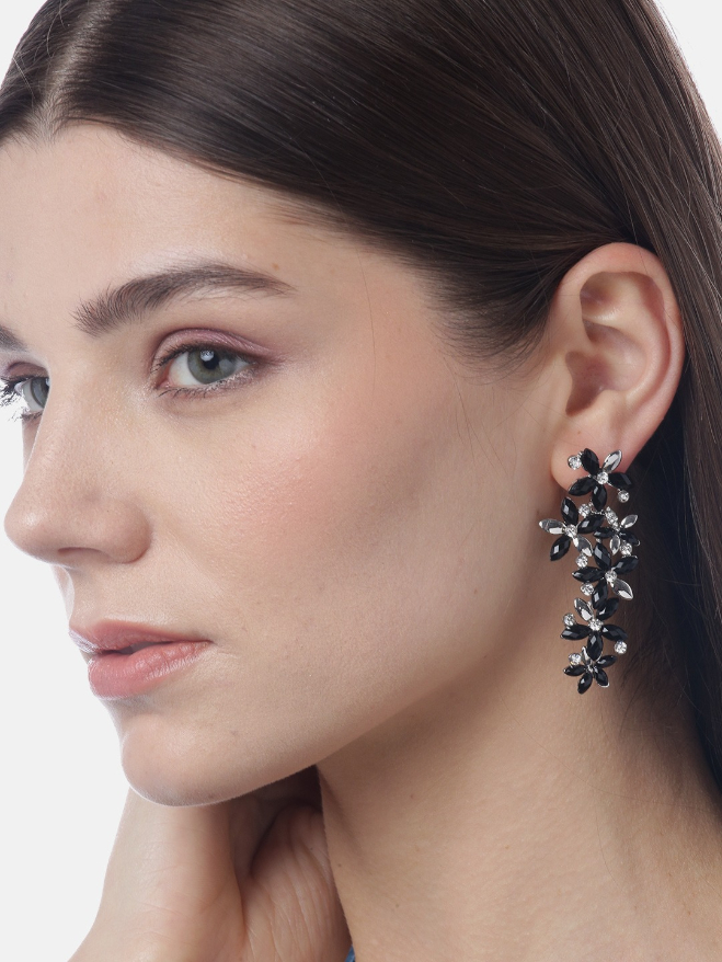 YouBella Black Silver-Plated Stone-Studded Floral Shaped Drop Earrings