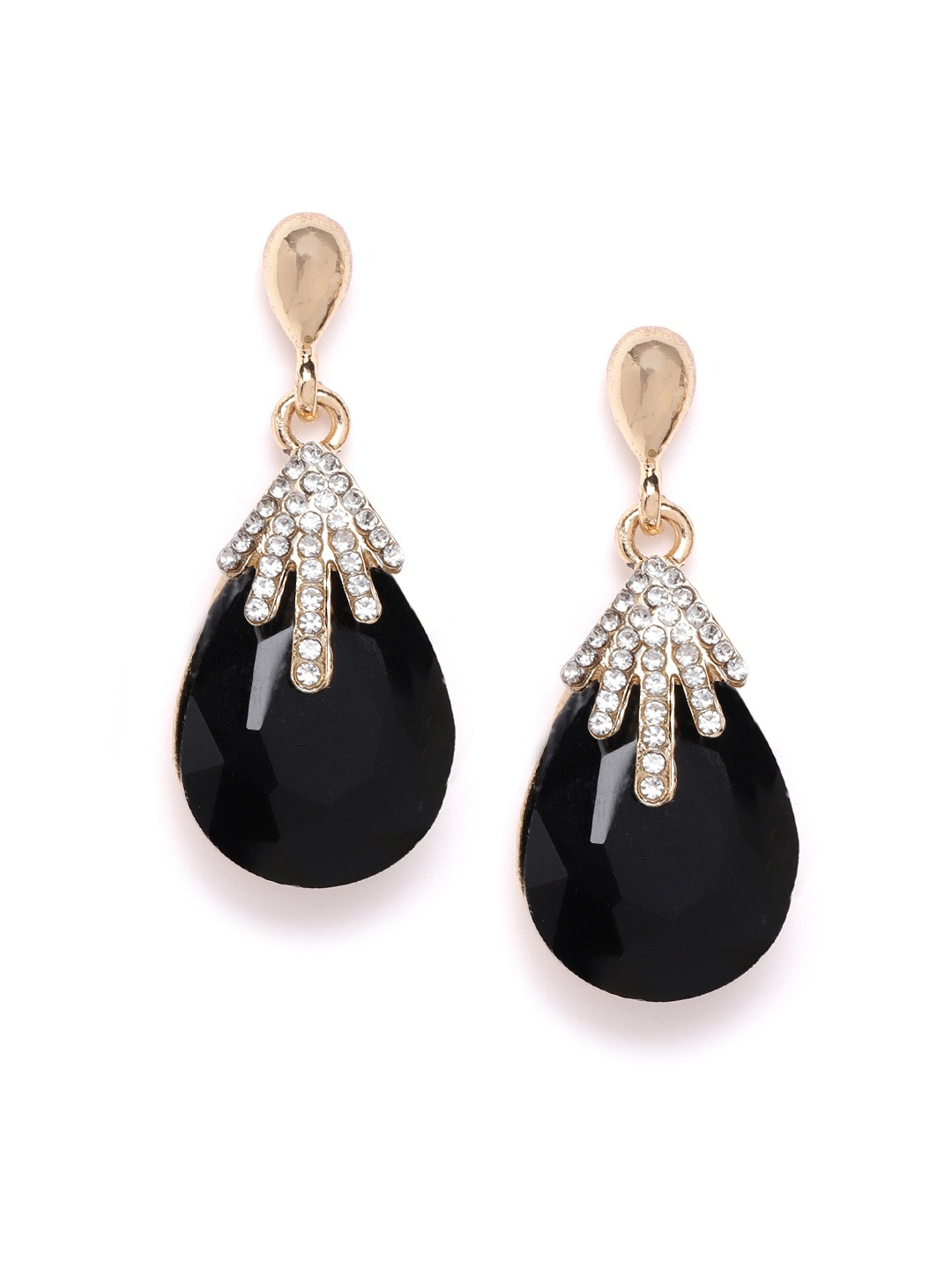 YouBella Black Gold-Plated Stone-Studded Teardrop-Shaped Drop Earrings