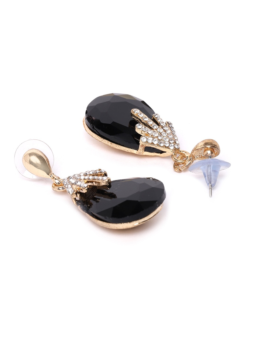 YouBella Black Gold-Plated Stone-Studded Teardrop-Shaped Drop Earrings