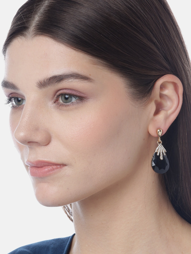 YouBella Black Gold-Plated Stone-Studded Teardrop-Shaped Drop Earrings