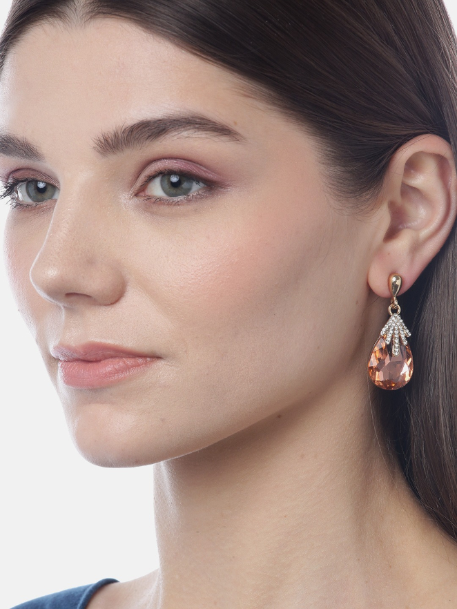 YouBella Peach-Coloured Gold-Plated Stone-Studded Teardrop-Shaped Drop Earrings