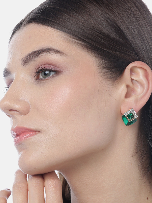 YouBella Green Gold-Plated Stone-Studded Diamond Shaped Studs