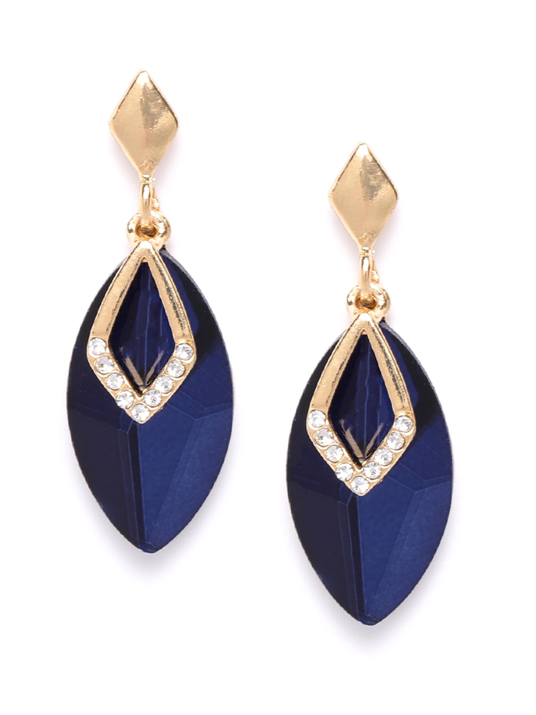 YouBella Navy Blue Gold-Plated Stone-Studded Oval Drop Earrings