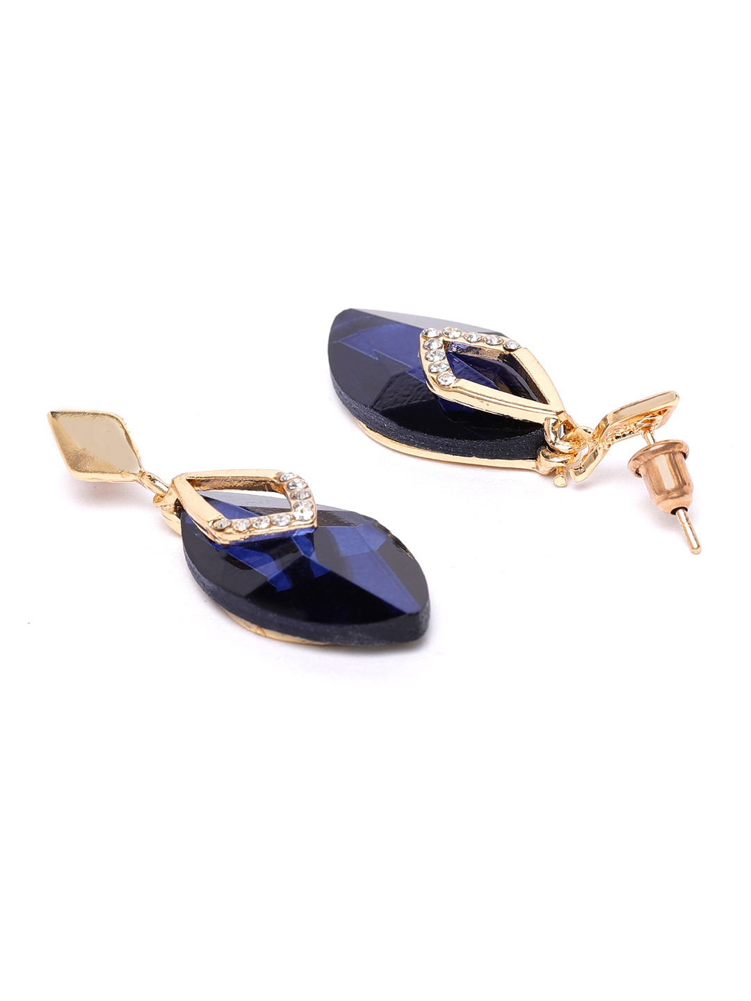 YouBella Navy Blue Gold-Plated Stone-Studded Oval Drop Earrings