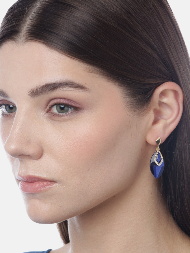 YouBella Navy Blue Gold-Plated Stone-Studded Oval Drop Earrings
