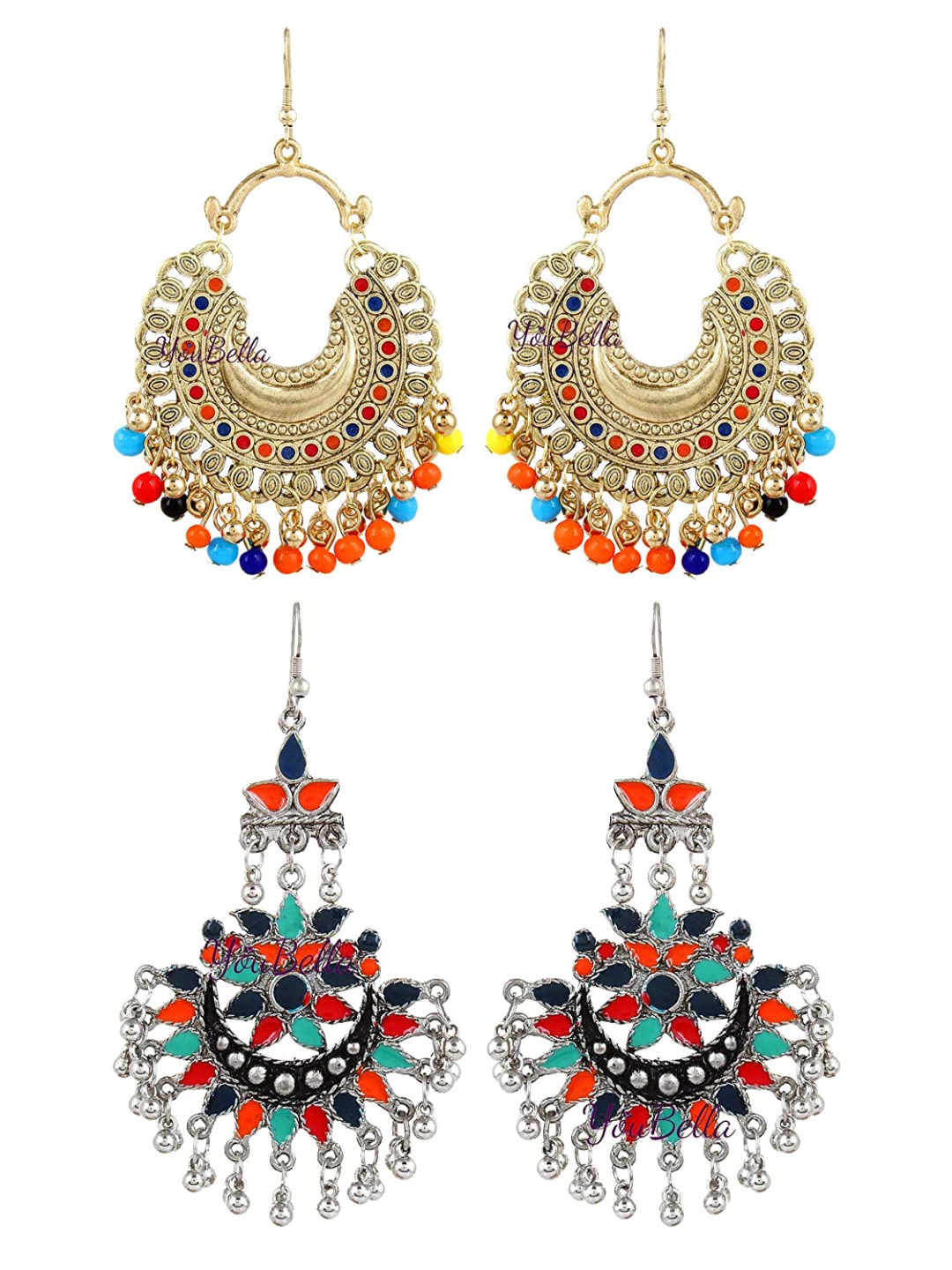 YouBella Fashion Jewellery Stylish Afghani Tribal Gold Plated Multicolour Earrings for Women (Pack of 2)