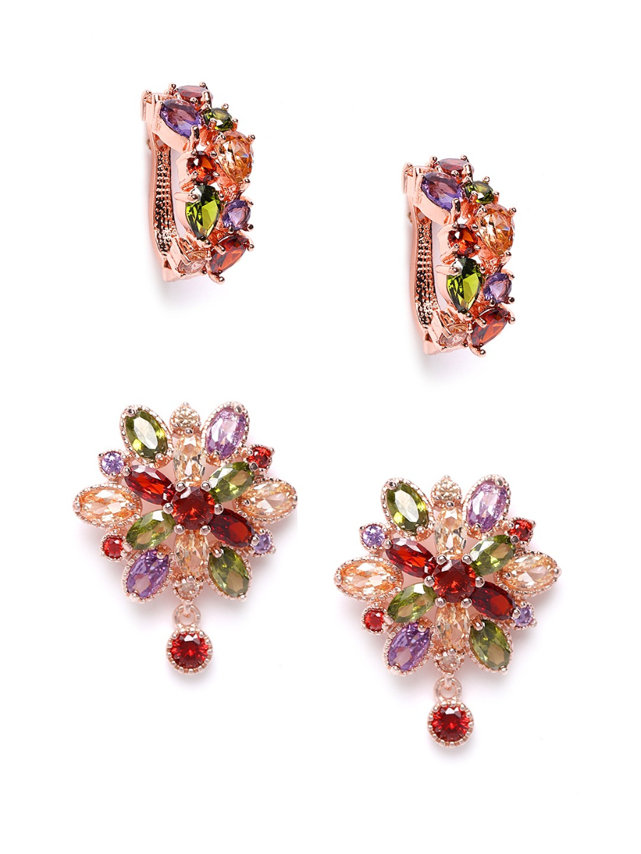 YouBella Women Set of 2 Green  Purple Rose Gold Plated Stone Studded Earrings