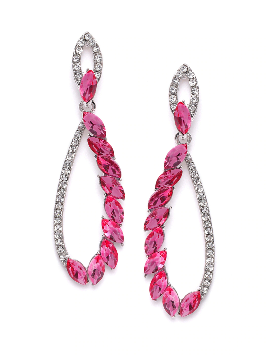 YouBella Pink Silver-Plated Stone Studded Teardrop Shaped Drop Earrings