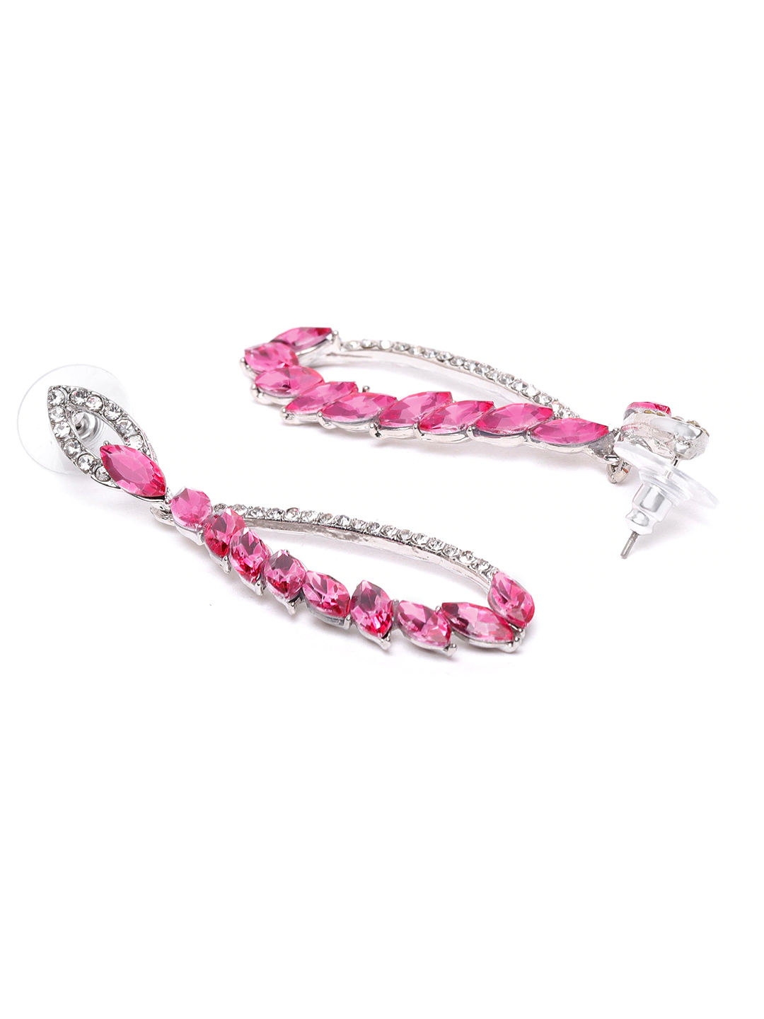 YouBella Pink Silver-Plated Stone Studded Teardrop Shaped Drop Earrings