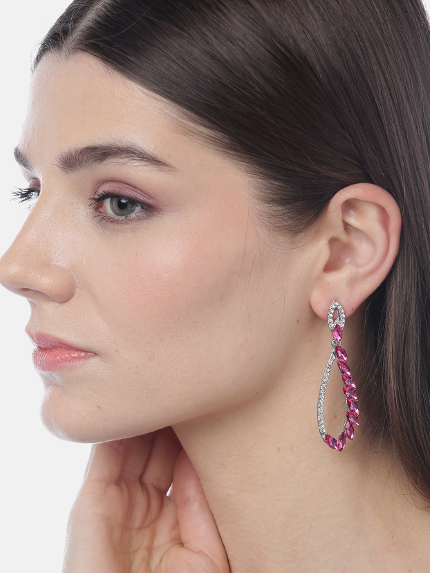 YouBella Pink Silver-Plated Stone Studded Teardrop Shaped Drop Earrings