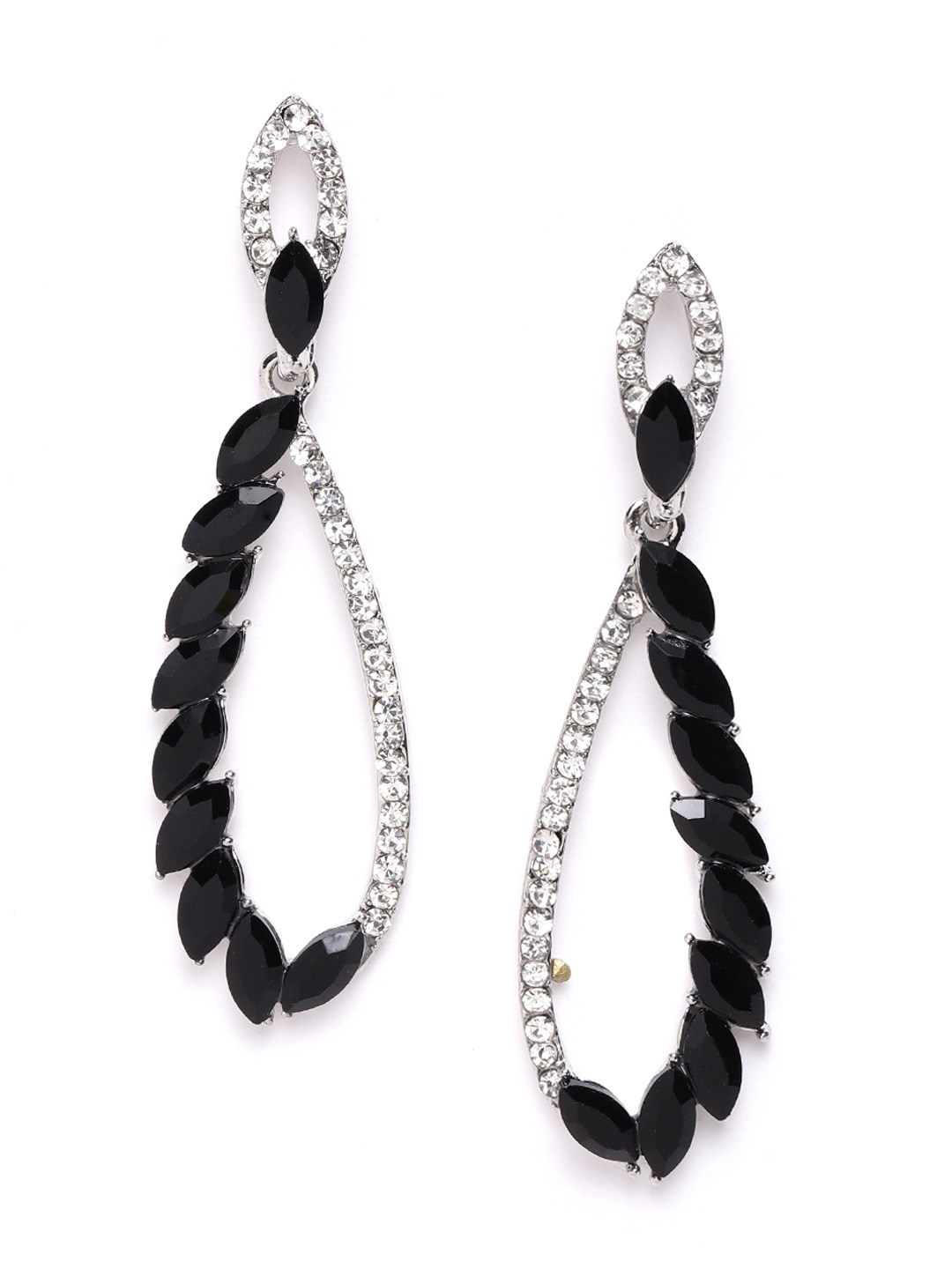 YouBella Black Silver-Plated Stone-Studded Teardrop-Shaped Drop Earrings