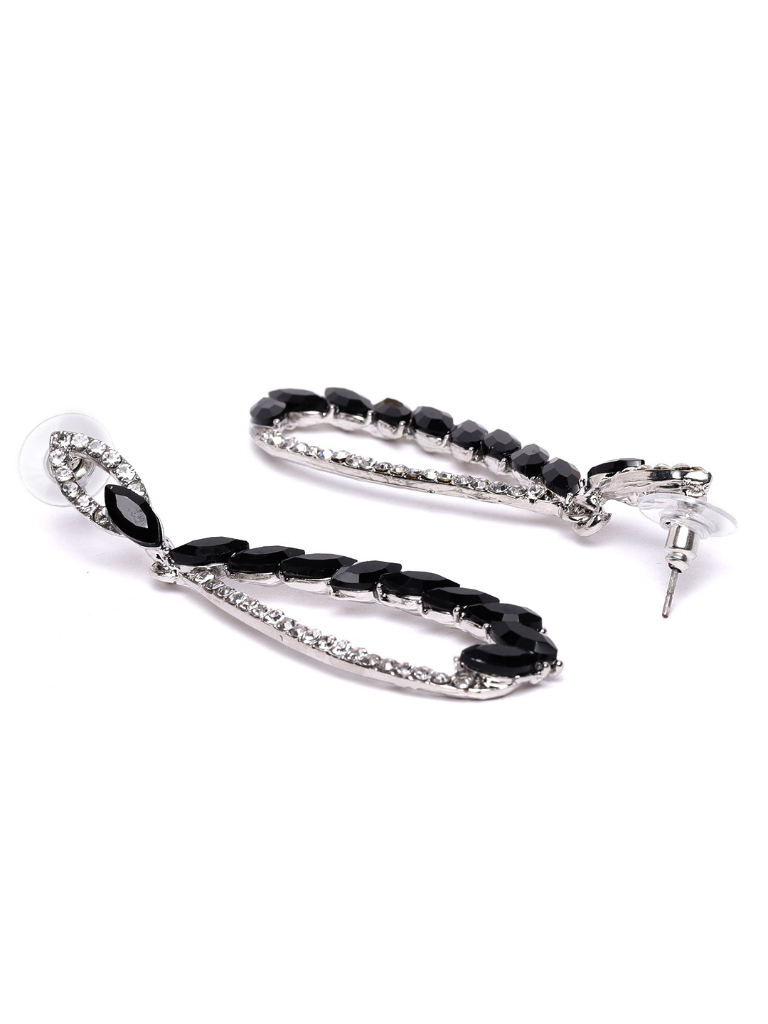 YouBella Black Silver-Plated Stone-Studded Teardrop-Shaped Drop Earrings