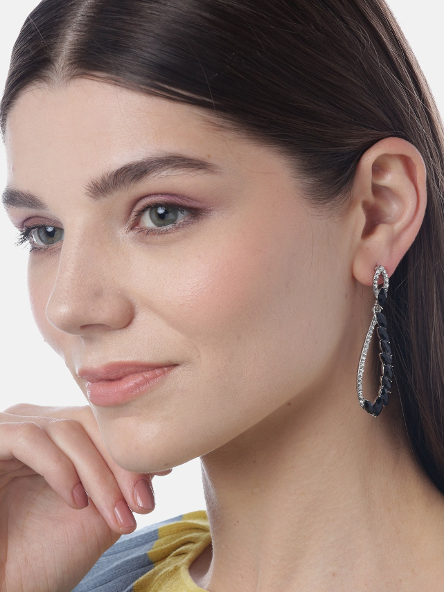 YouBella Black Silver-Plated Stone-Studded Teardrop-Shaped Drop Earrings