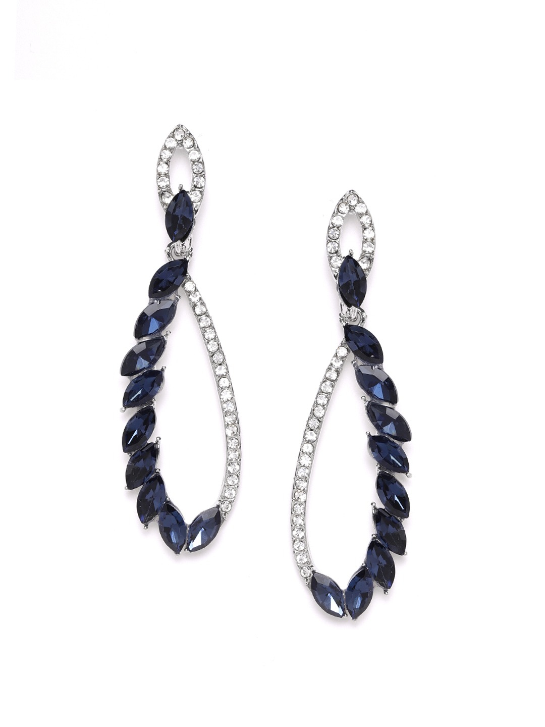 YouBella Navy Blue Silver-Plated Stone-Studded Contemporary Drop Earrings