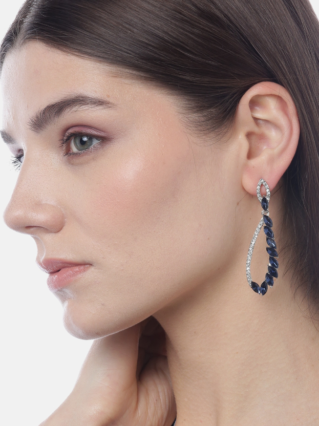 YouBella Navy Blue Silver-Plated Stone-Studded Contemporary Drop Earrings