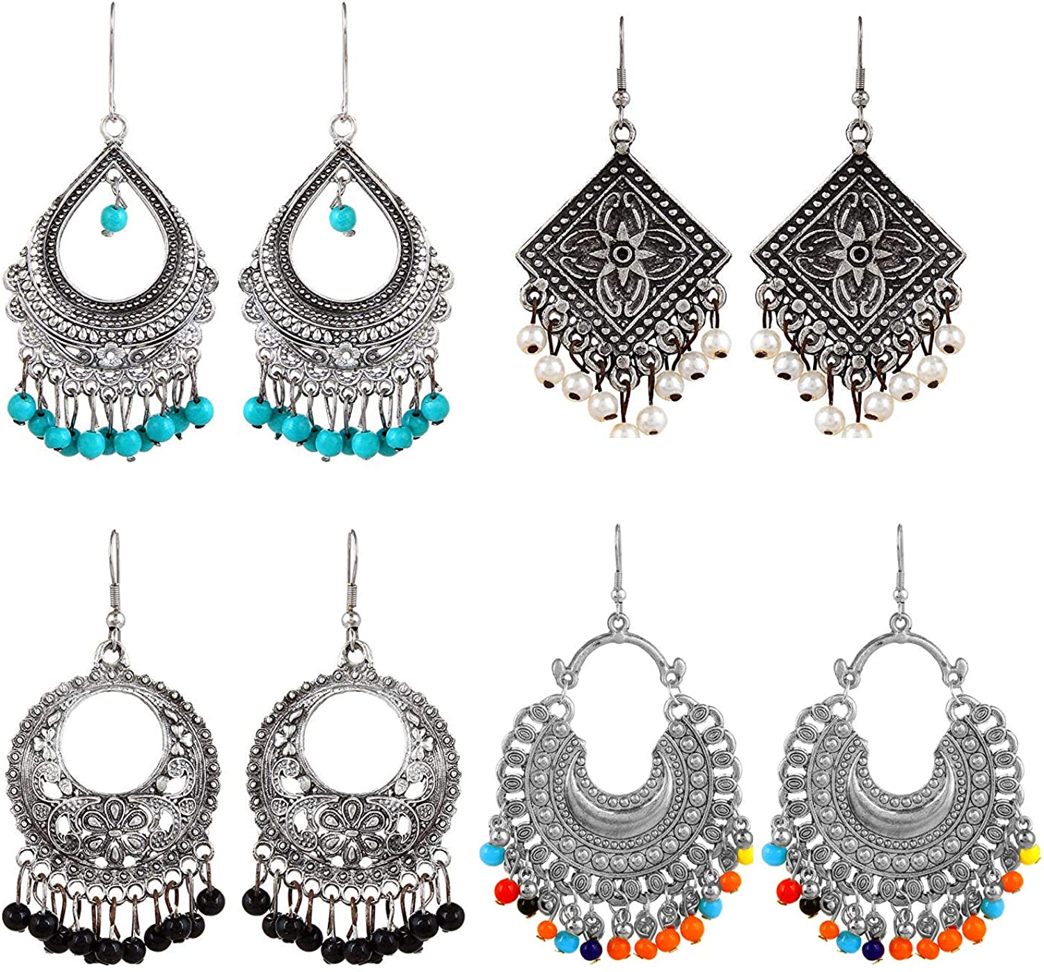 YouBella Gold-Plated Oxidized Silver Stylish Combo of Four Afghani Kashmiri Jhumka Fancy Partywear Multicolor Earrings for Girl's and Women's