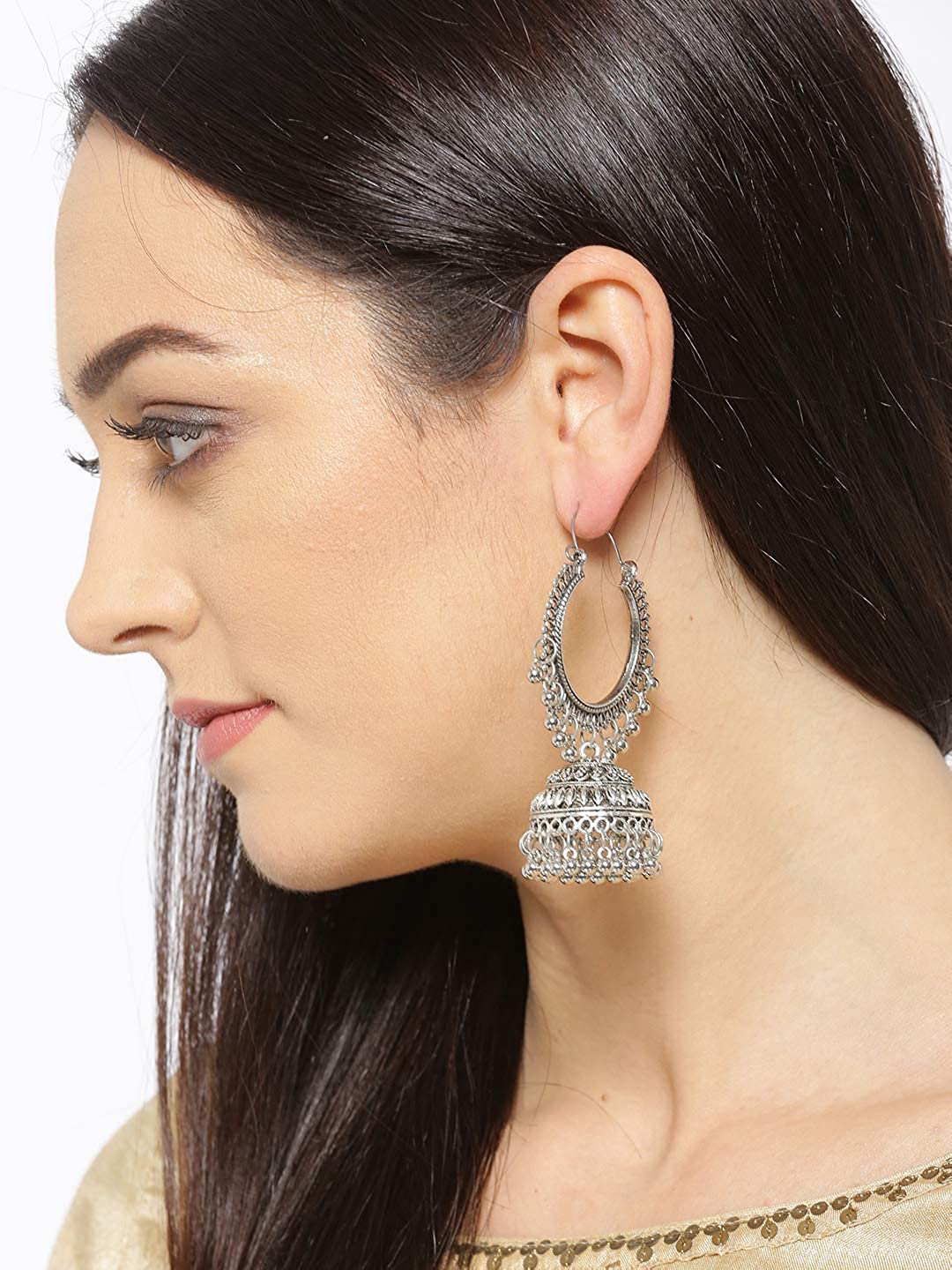 YouBella Stylish Party Wear Afghani Jewellery Oxidized Silver Jhumkis Earrings for Women (Silver)(YBEAR_32197)