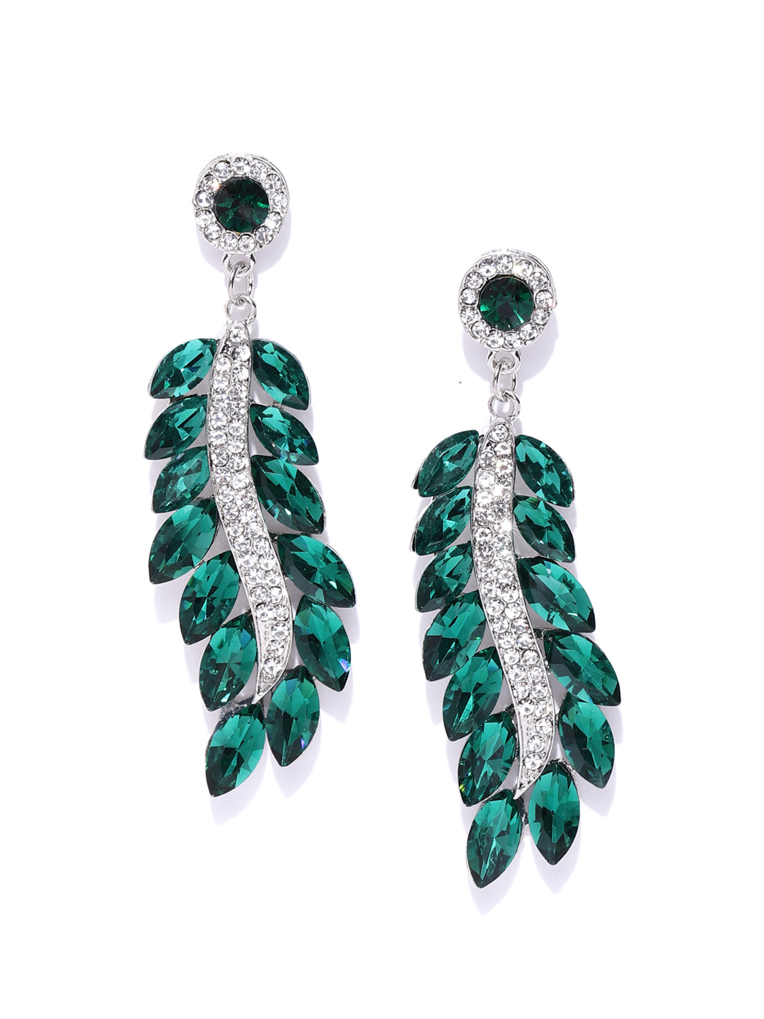 YouBella Green Silver-Plated Stone-Studded Handcrafted Leaf Shaped Drop Earrings
