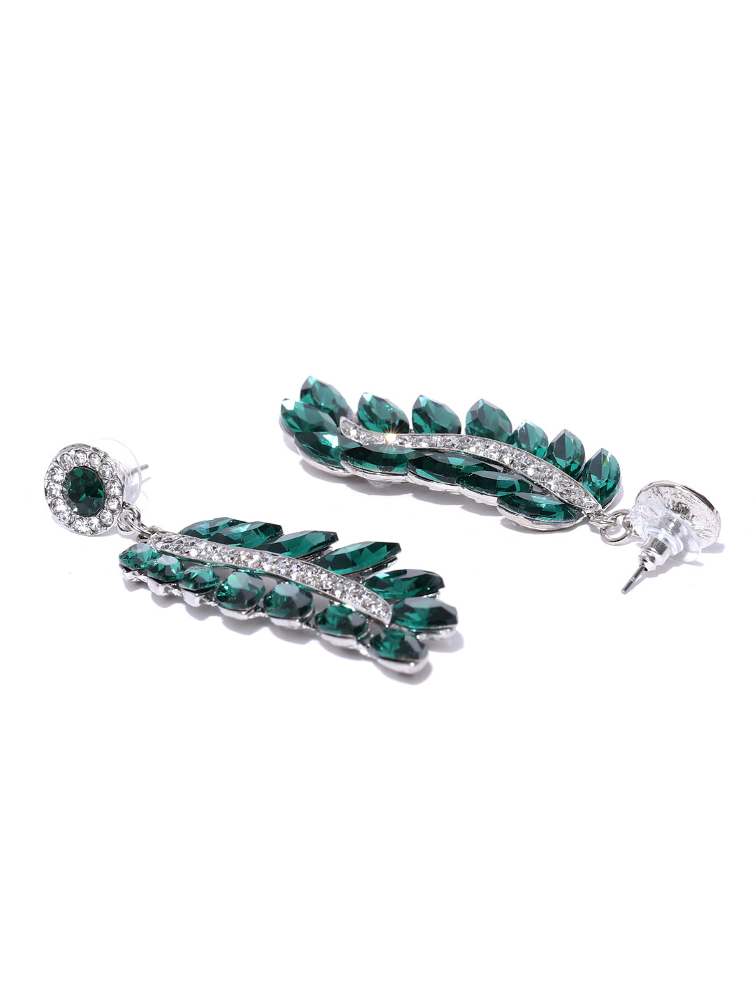 YouBella Green Silver-Plated Stone-Studded Handcrafted Leaf Shaped Drop Earrings