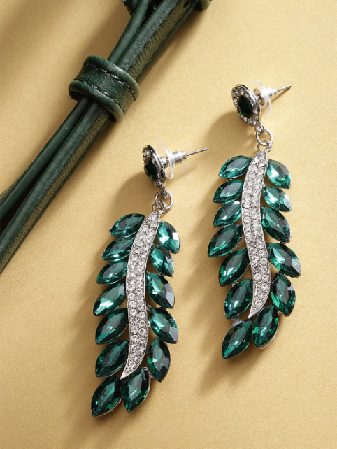 YouBella Green Silver-Plated Stone-Studded Handcrafted Leaf Shaped Drop Earrings