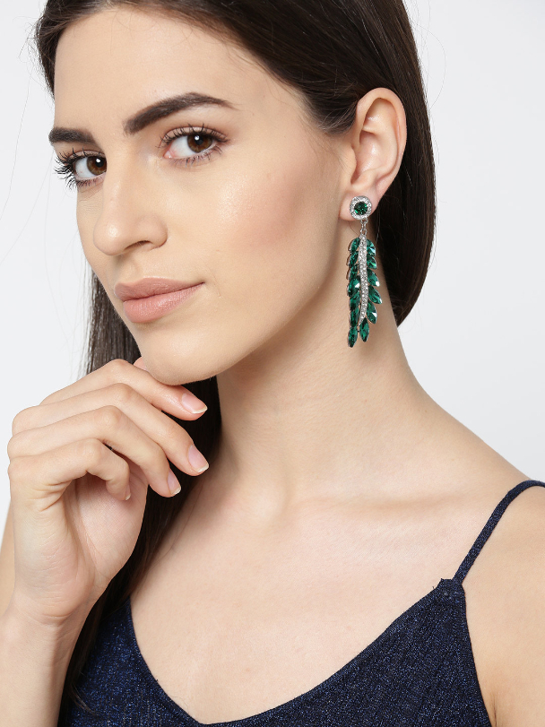 YouBella Green Silver-Plated Stone-Studded Handcrafted Leaf Shaped Drop Earrings