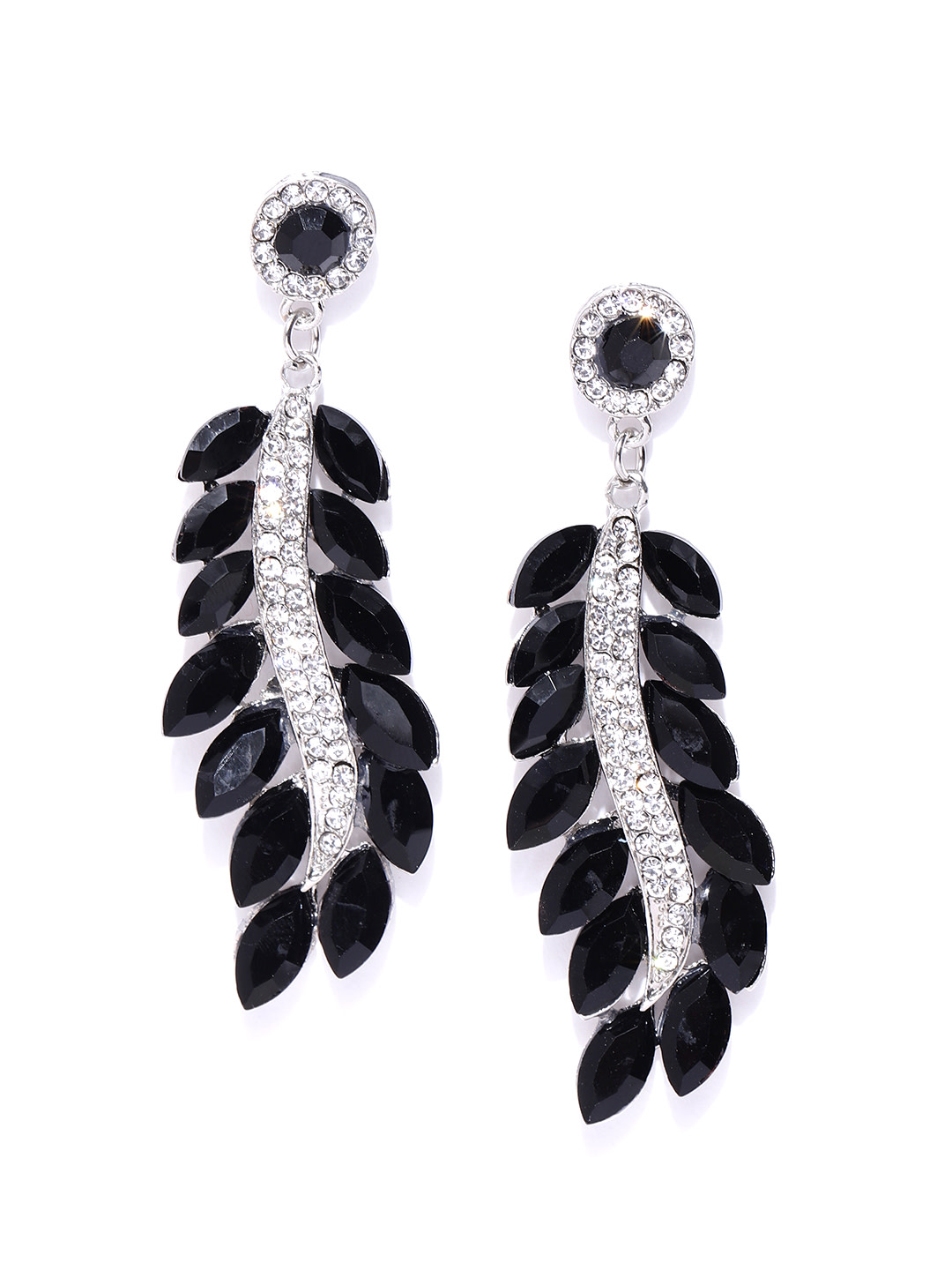 YouBella Black Silver-Plated Handcrafted Stone-Studded Leaf Shaped Drop Earrings