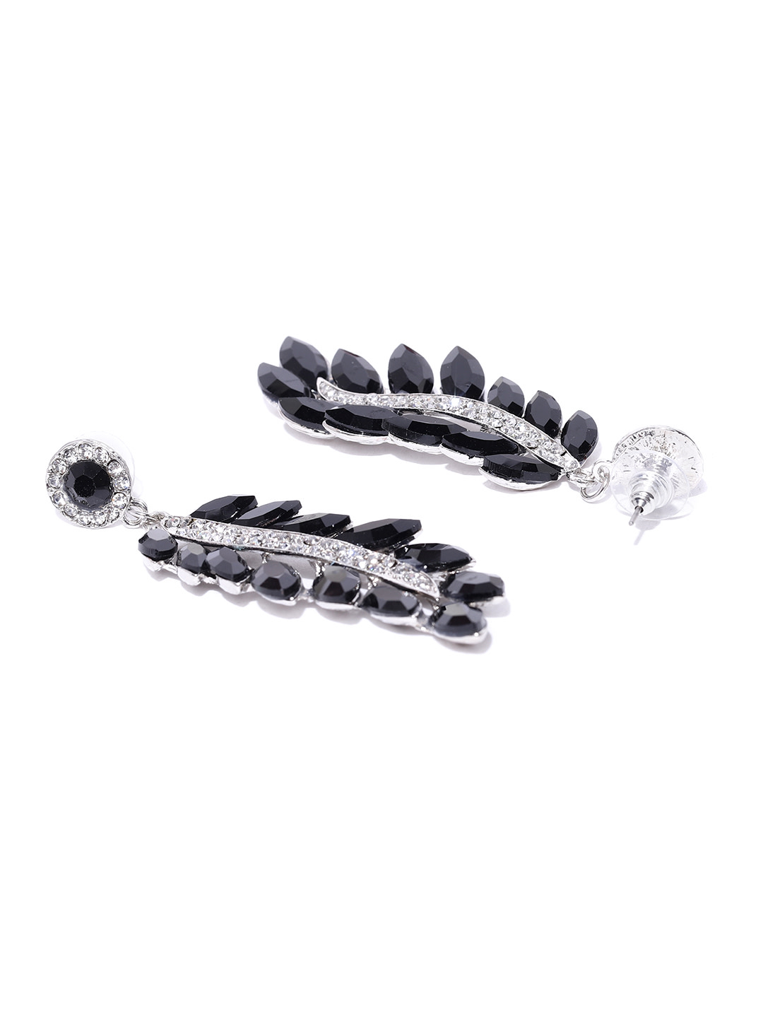 YouBella Black Silver-Plated Handcrafted Stone-Studded Leaf Shaped Drop Earrings