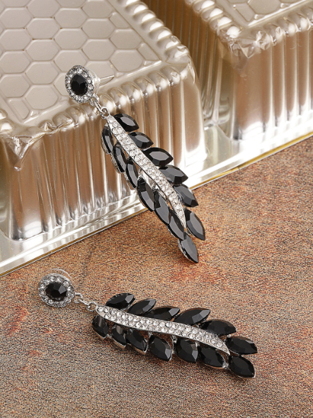 YouBella Black Silver-Plated Handcrafted Stone-Studded Leaf Shaped Drop Earrings