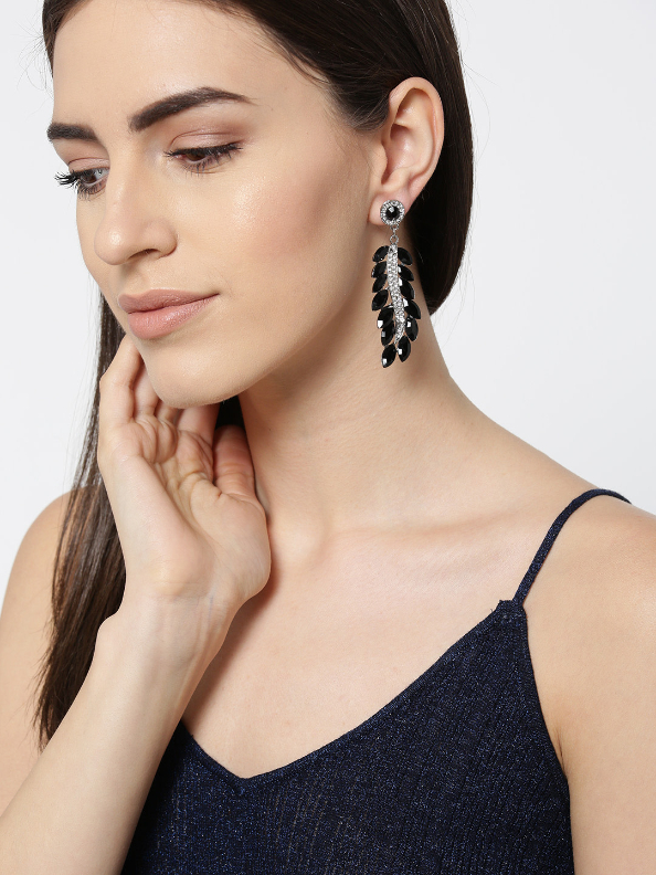 YouBella Black Silver-Plated Handcrafted Stone-Studded Leaf Shaped Drop Earrings