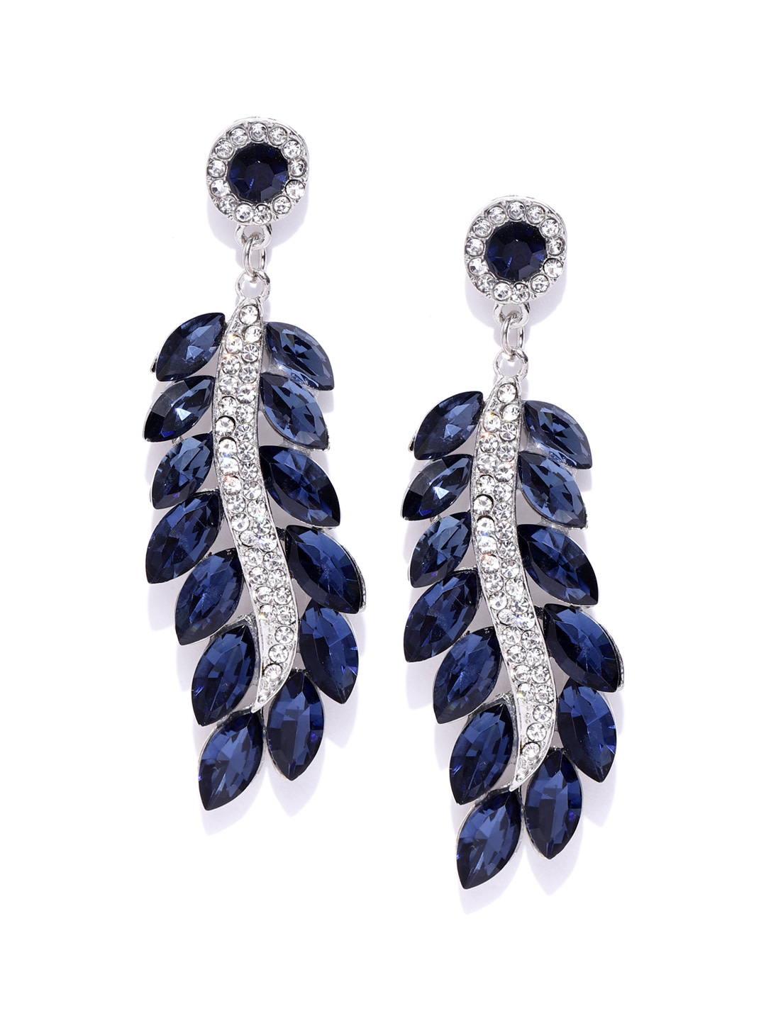 YouBella Navy Blue Silver-Plated Stone-Studded Handcrafted Leaf Shaped Drop Earrings