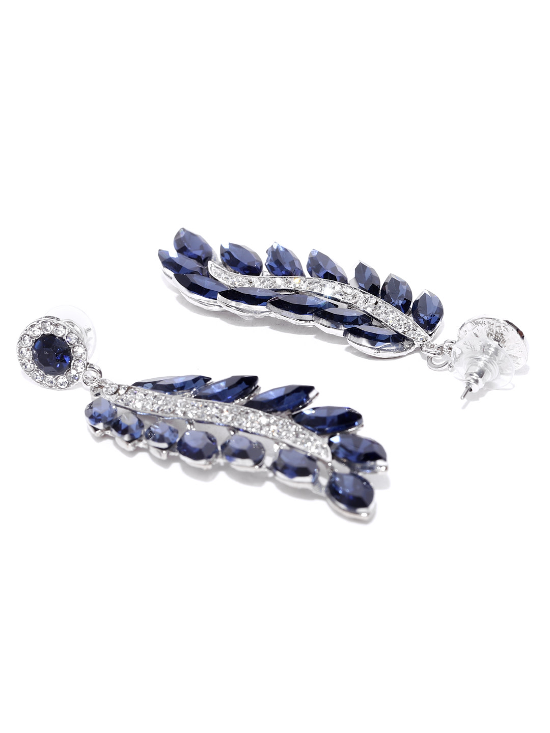 YouBella Navy Blue Silver-Plated Stone-Studded Handcrafted Leaf Shaped Drop Earrings