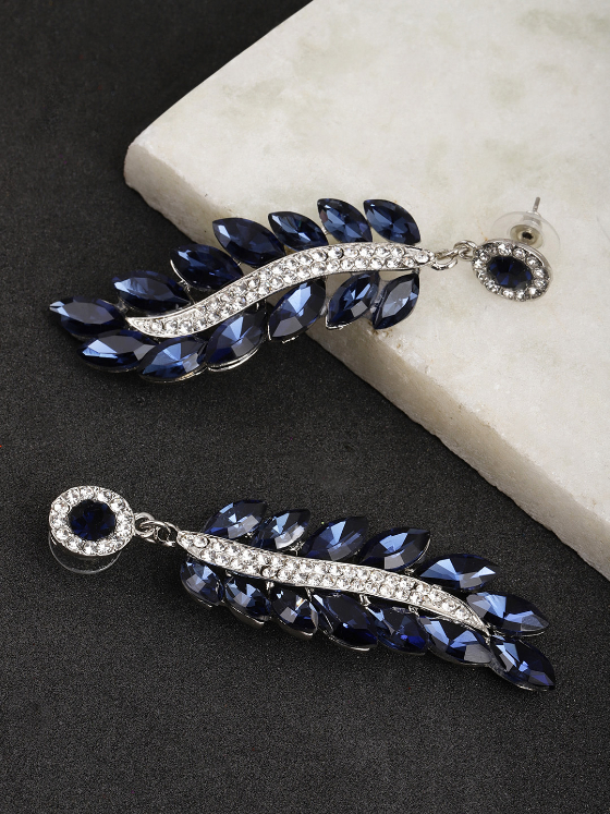 YouBella Navy Blue Silver-Plated Stone-Studded Handcrafted Leaf Shaped Drop Earrings