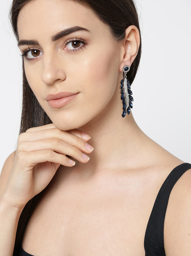 YouBella Navy Blue Silver-Plated Stone-Studded Handcrafted Leaf Shaped Drop Earrings
