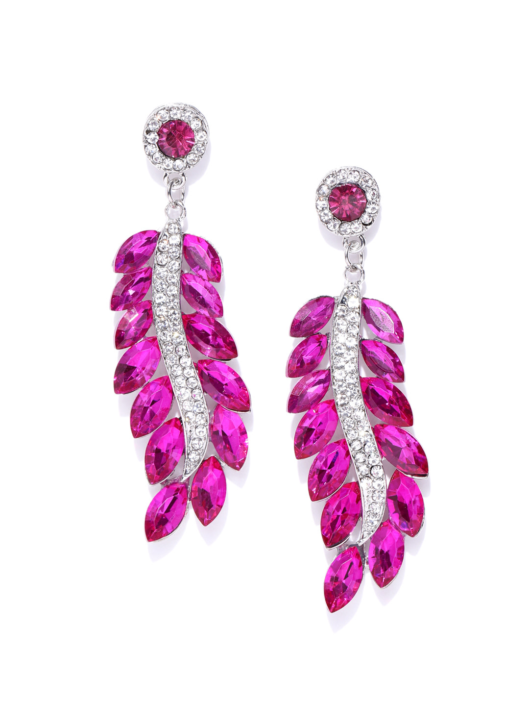 YouBella Pink Silver-Plated Stone-Studded Handcrafted Leaf Shaped Drop Earrings