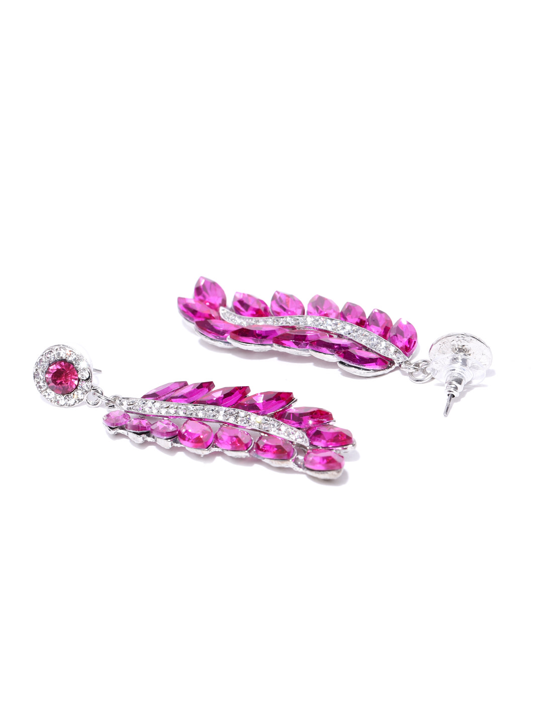 YouBella Pink Silver-Plated Stone-Studded Handcrafted Leaf Shaped Drop Earrings