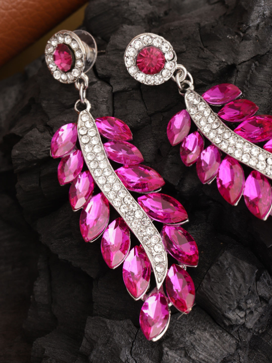 YouBella Pink Silver-Plated Stone-Studded Handcrafted Leaf Shaped Drop Earrings