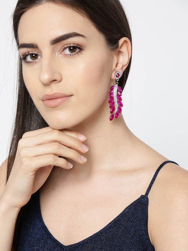 YouBella Pink Silver-Plated Stone-Studded Handcrafted Leaf Shaped Drop Earrings