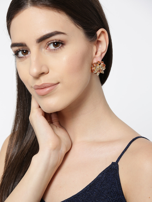 YouBella Brown Handcrafted Floral Oversized Stone Studs
