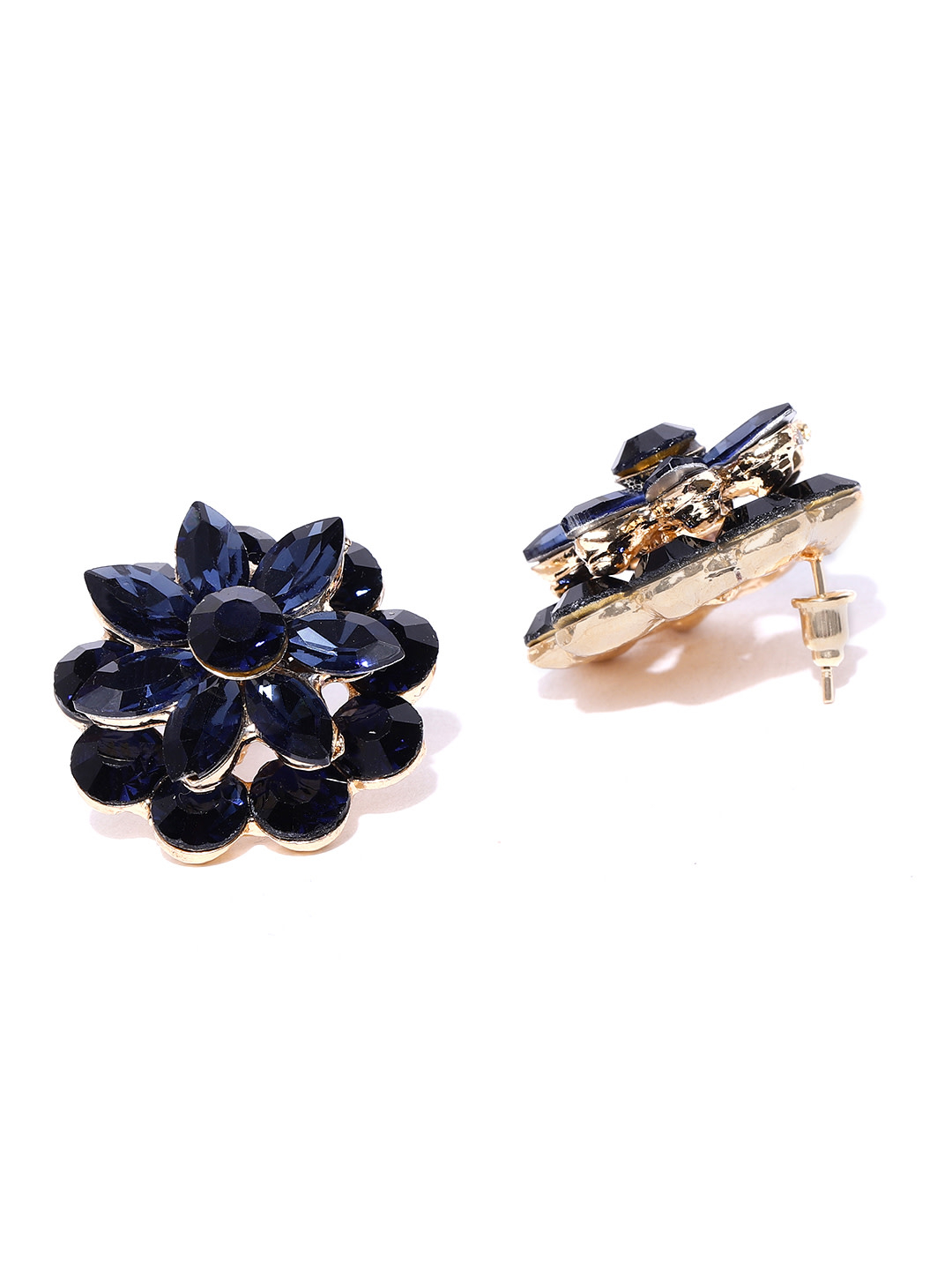 YouBella Navy Blue Handcrafted Stone-Studded Floral Studs