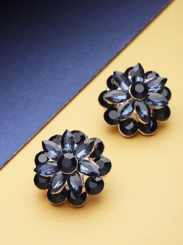 YouBella Navy Blue Handcrafted Stone-Studded Floral Studs