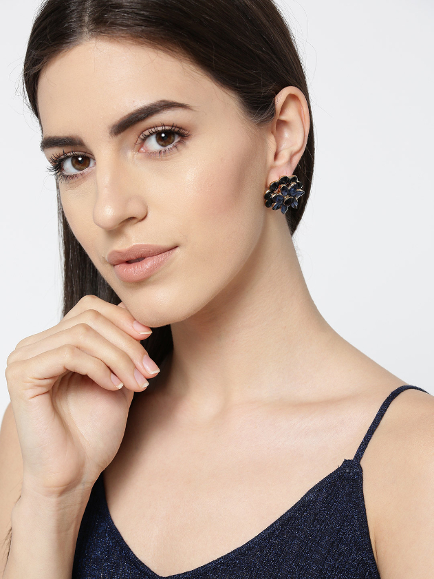 YouBella Navy Blue Handcrafted Stone-Studded Floral Studs