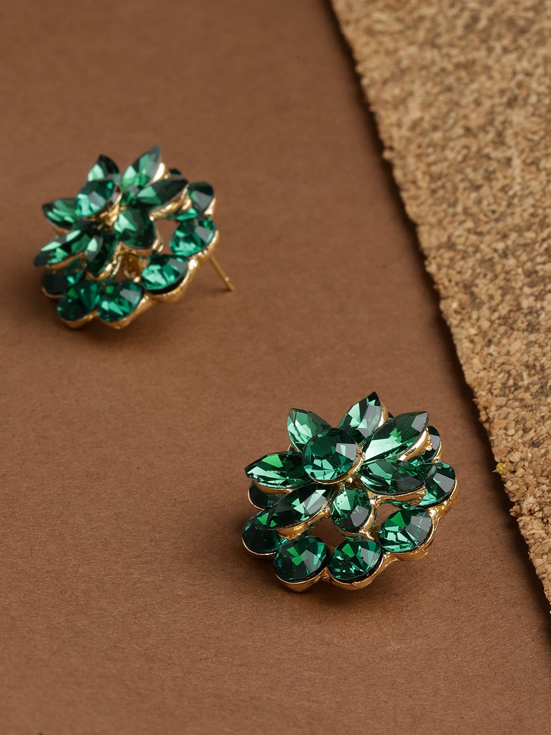 YouBella Green Stone-Studded Handcrafted Floral Studs