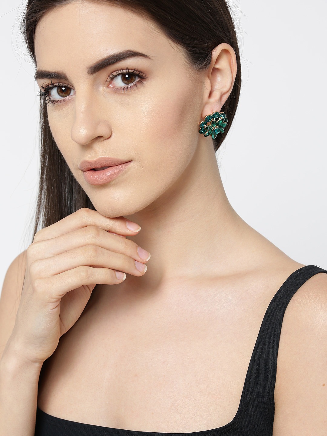 YouBella Green Stone-Studded Handcrafted Floral Studs