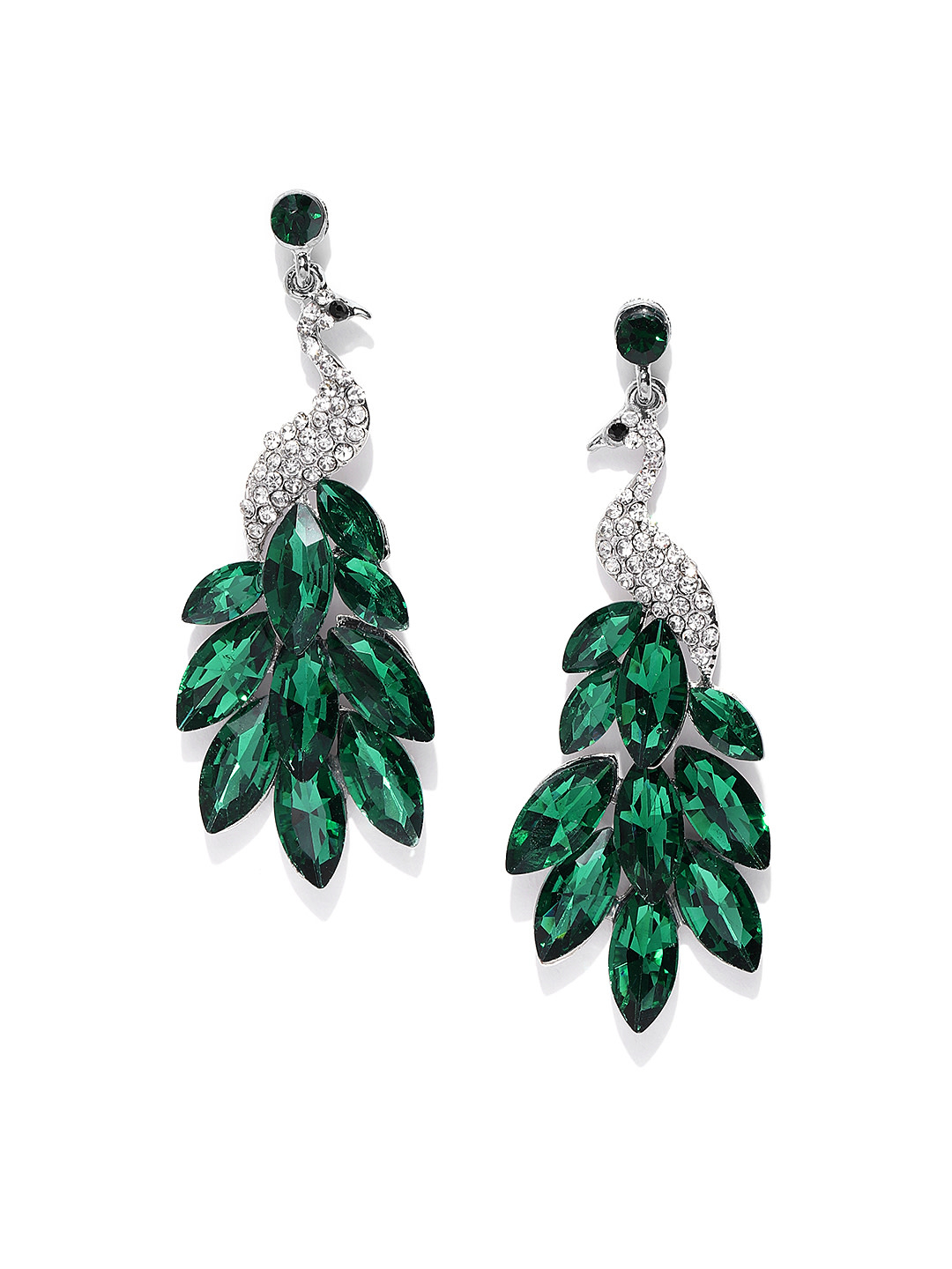 YouBella Green Silver-Plated Handcrafted Stone-Studded Peacock Shaped Drop Earrings