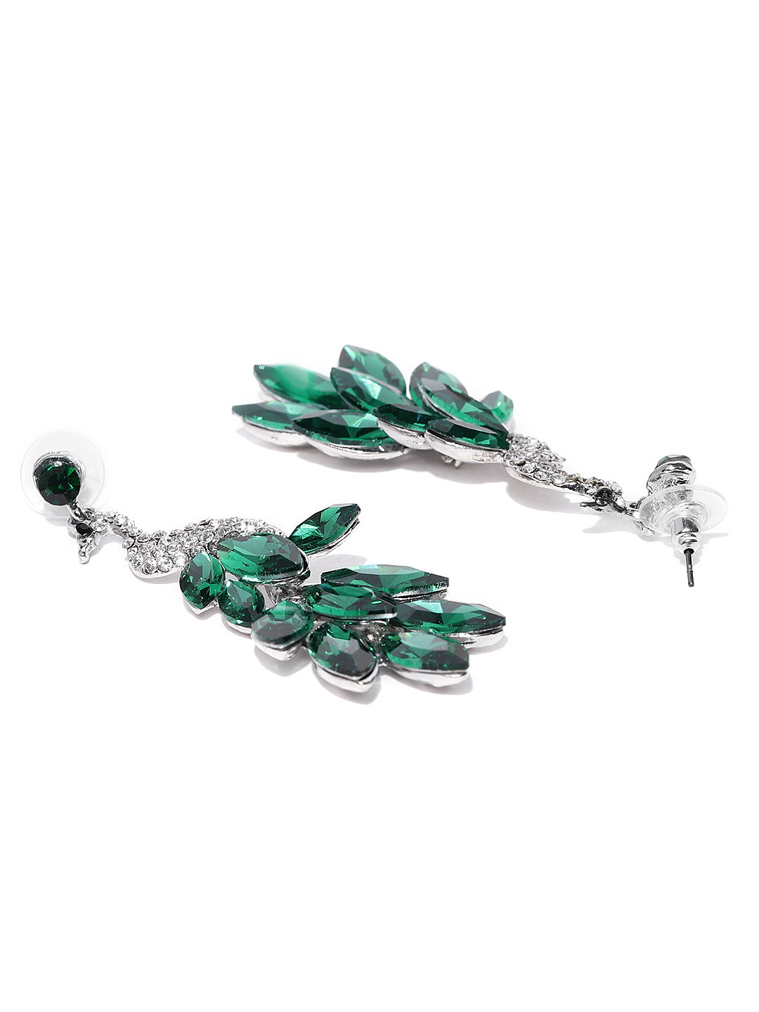 YouBella Green Silver-Plated Handcrafted Stone-Studded Peacock Shaped Drop Earrings