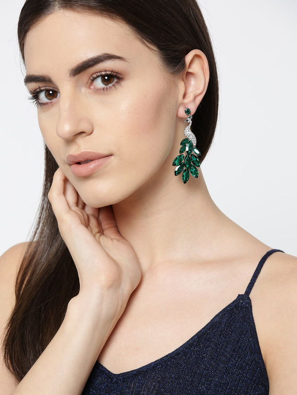 YouBella Green Silver-Plated Handcrafted Stone-Studded Peacock Shaped Drop Earrings