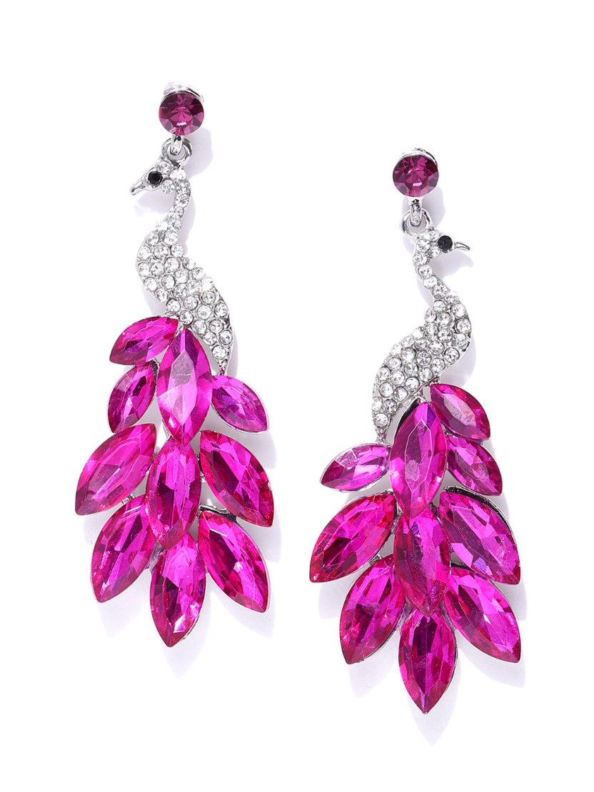 YouBella Fuchsia Silver-Plated Handcrafted Stone-Studded Peacock Shaped Drop Earrings